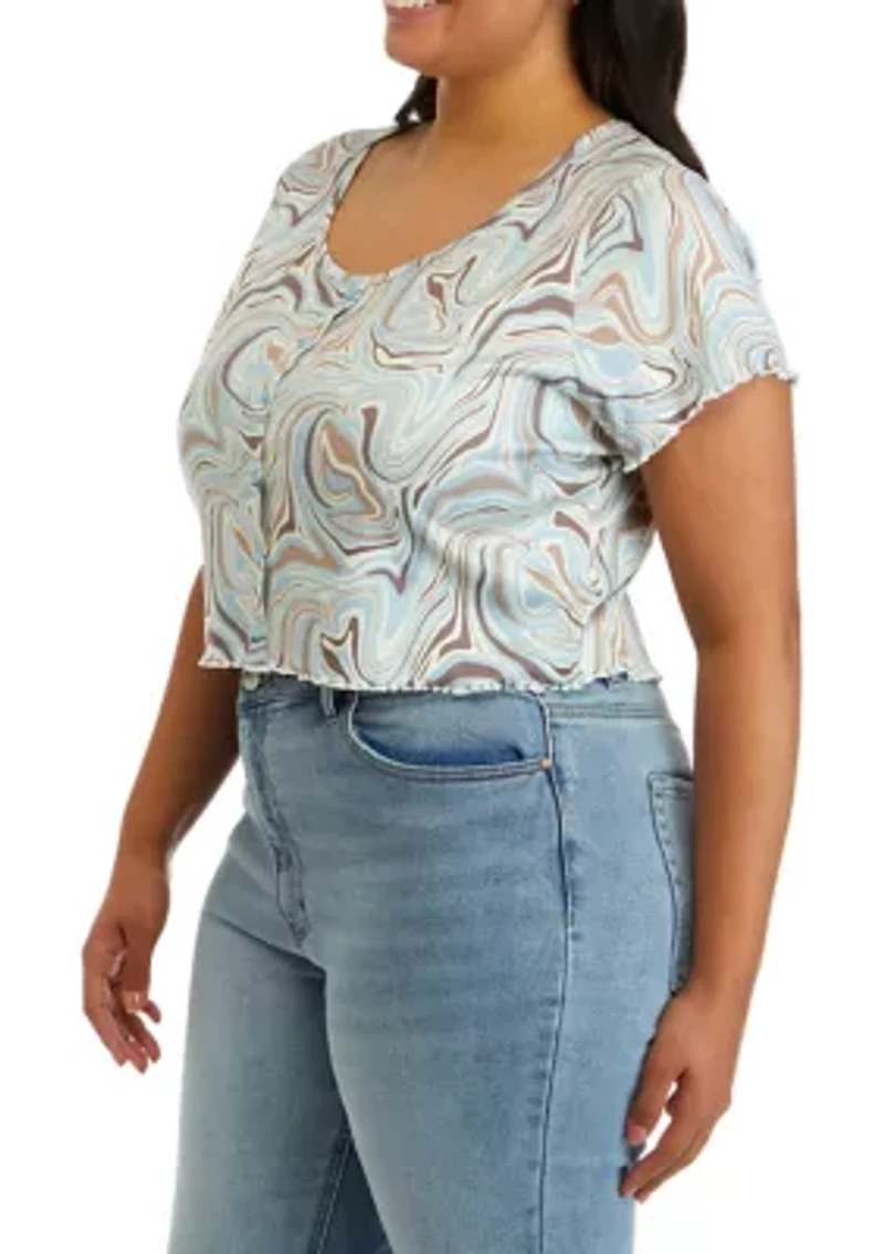 Plus Short Sleeve Printed Henley Top