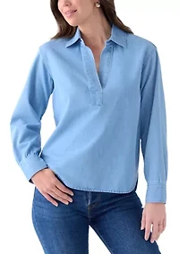 Women's Long Sleeve Boyfriend Collared Popover Top