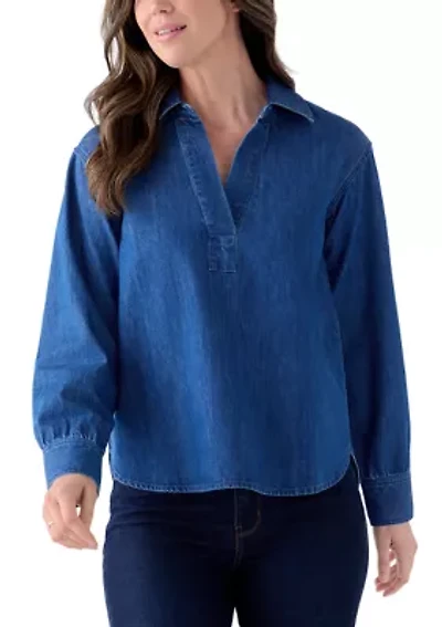 Women's Long Sleeve Boyfriend Collared Popover Top