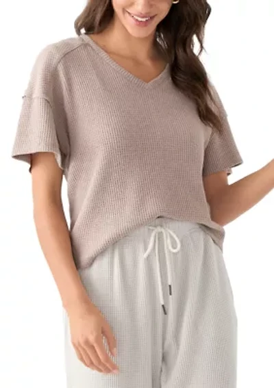 Women's Short Sleeve Waffle Knit V-Neck T-Shirt