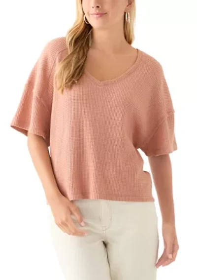 Women's Short Sleeve Waffle Knit V-Neck T-Shirt