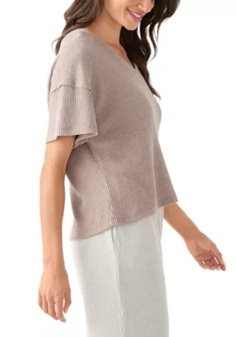 Women's Short Sleeve Waffle Knit V-Neck T-Shirt