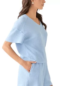 Women's Short Sleeve Waffle Knit V-Neck T-Shirt