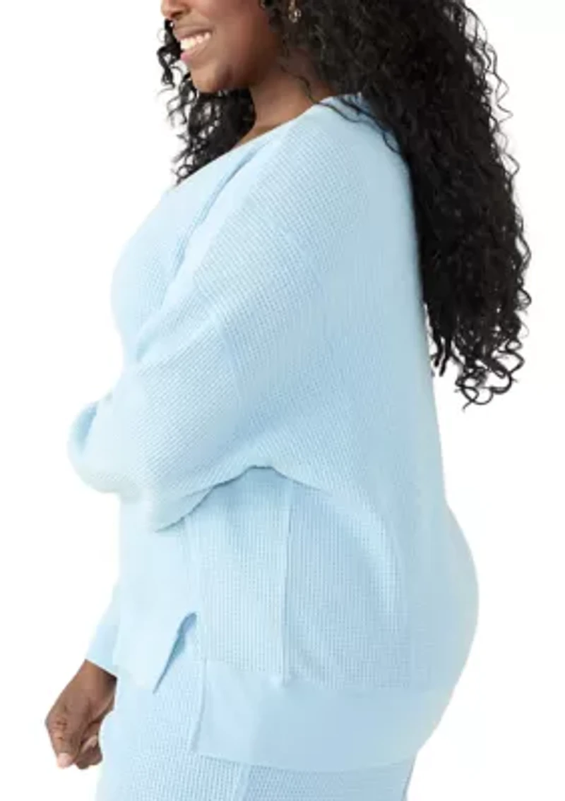 Plus Long Sleeve Waffle V-Neck Top