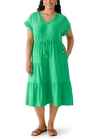 Plus Short Sleeve Tie Waist Midi Knit Dress