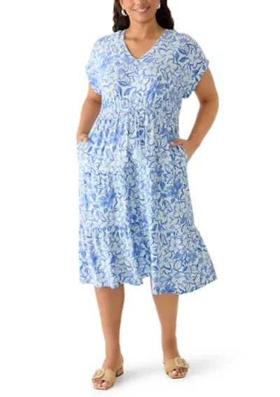 Plus Short Sleeve Tie Waist Midi Knit Dress