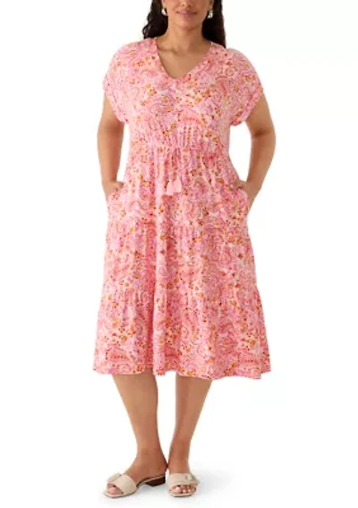 Plus Short Sleeve Tie Waist Midi Knit Dress