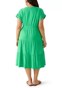 Plus Short Sleeve Tie Waist Midi Knit Dress