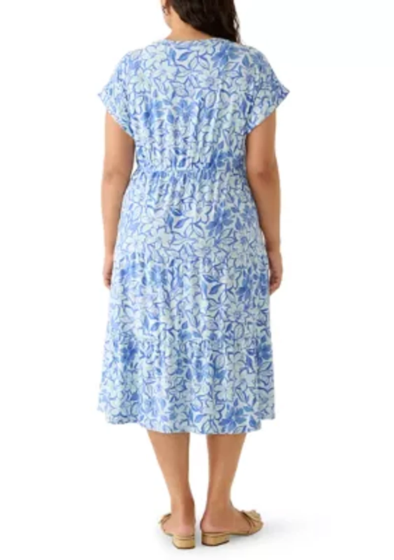 Plus Short Sleeve Tie Waist Midi Knit Dress