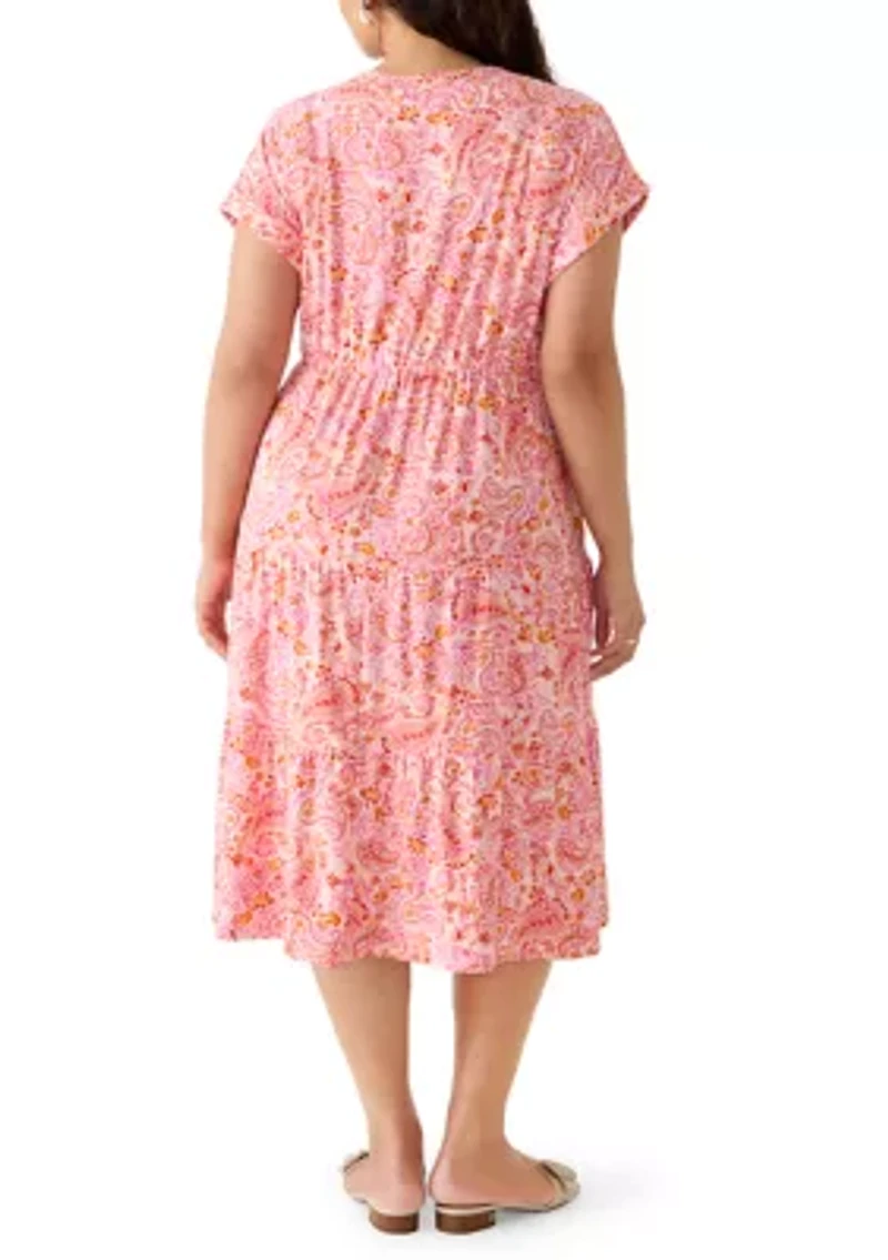 Plus Short Sleeve Tie Waist Midi Knit Dress