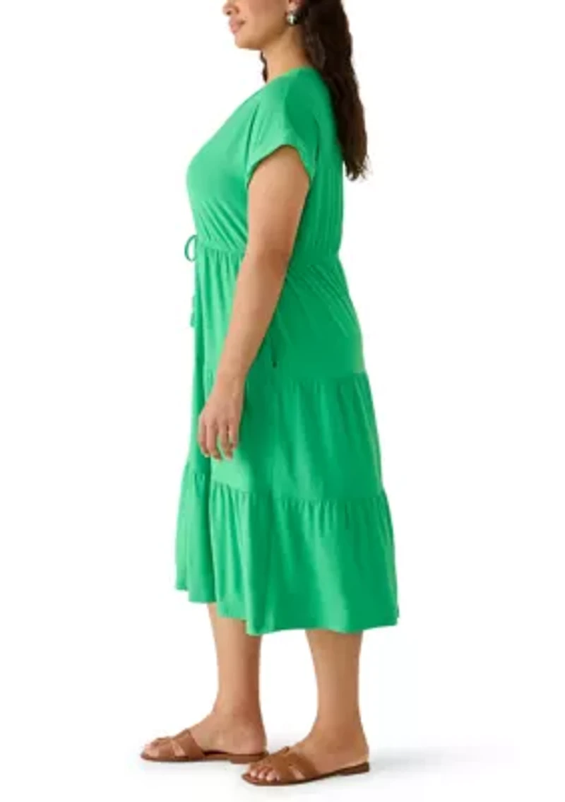 Plus Short Sleeve Tie Waist Midi Knit Dress
