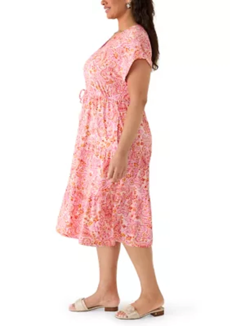 Plus Short Sleeve Tie Waist Midi Knit Dress