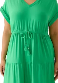 Plus Short Sleeve Tie Waist Midi Knit Dress