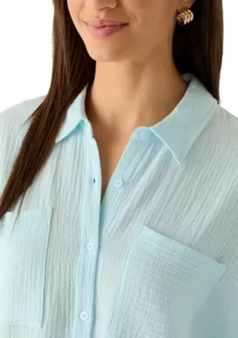 Women's Gauze Hi Low Button Down Shirt