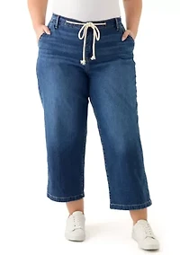 Plus Wide Leg Crop Denim Pants with Rope Belt