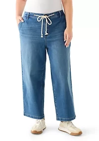 Plus Wide Leg Crop Denim Pants with Rope Belt