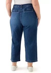 Plus Wide Leg Crop Denim Pants with Rope Belt