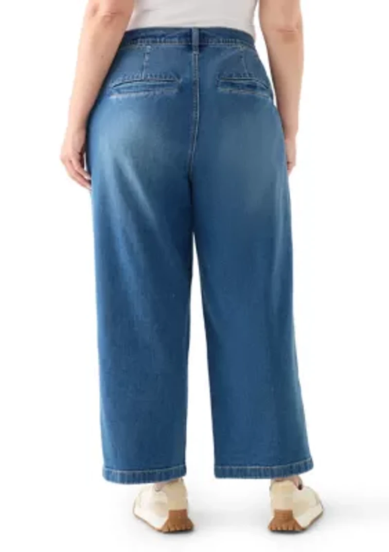 Plus Wide Leg Crop Denim Pants with Rope Belt