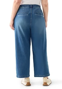 Plus Wide Leg Crop Denim Pants with Rope Belt