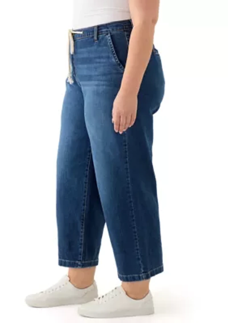 Plus Wide Leg Crop Denim Pants with Rope Belt