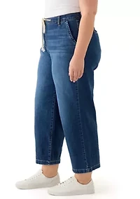 Plus Wide Leg Crop Denim Pants with Rope Belt