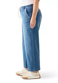 Plus Wide Leg Crop Denim Pants with Rope Belt