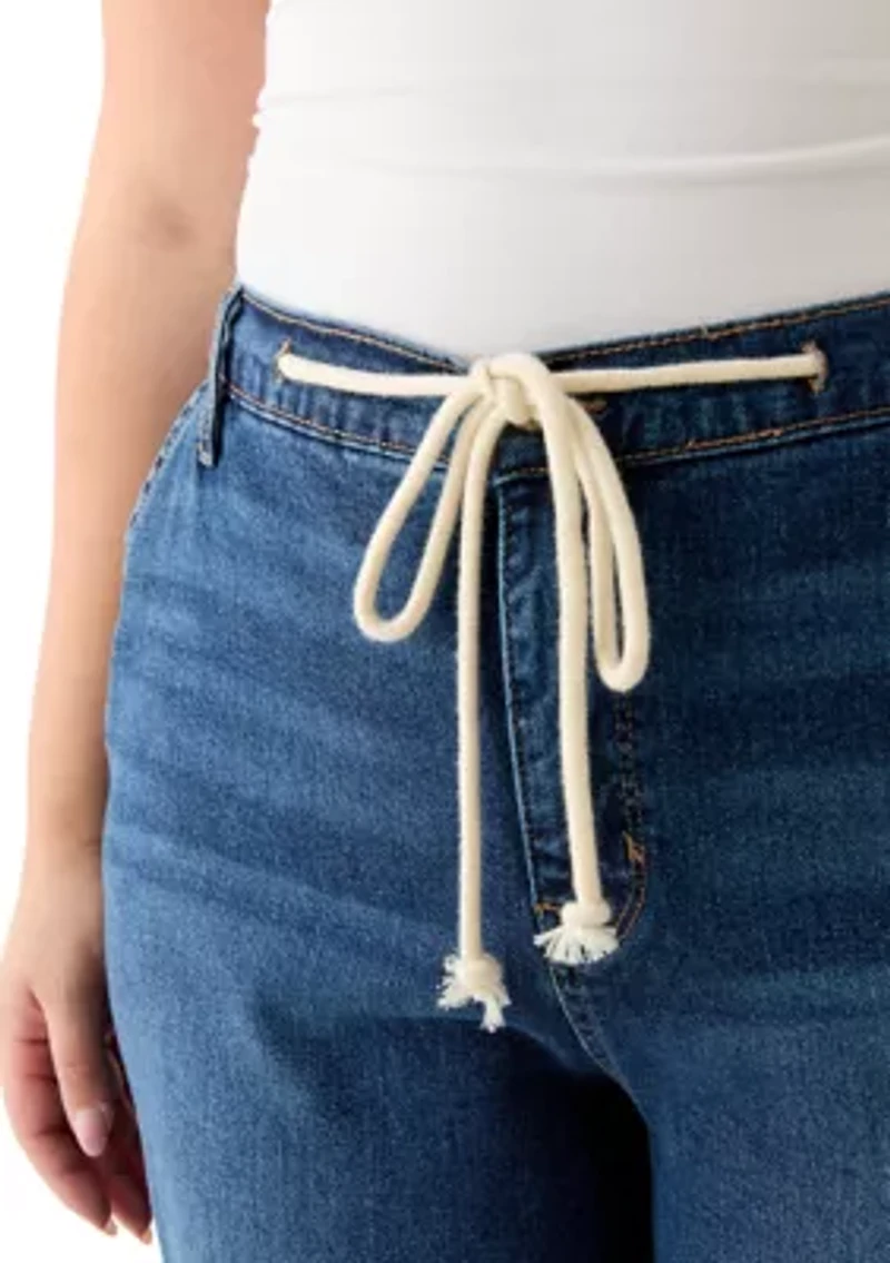 Plus Wide Leg Crop Denim Pants with Rope Belt