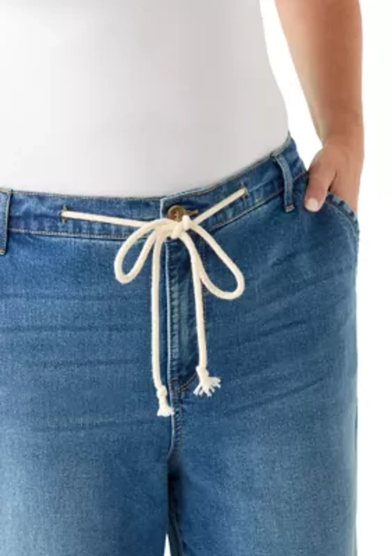 Plus Wide Leg Crop Denim Pants with Rope Belt