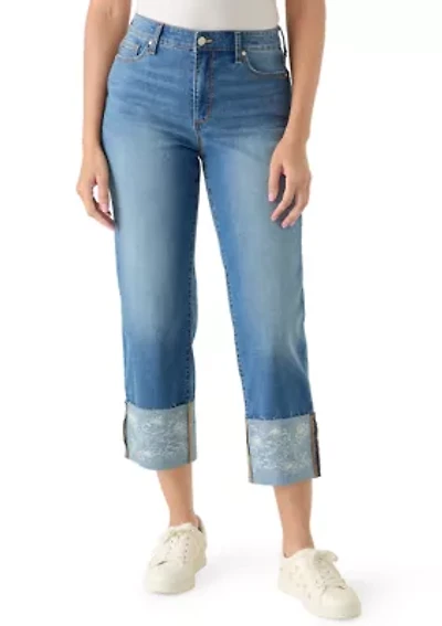 Women's High Rise Cuffed Embroidered Cropped Jeans