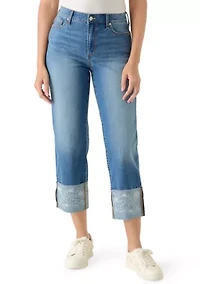 Women's High Rise Cuffed Embroidered Cropped Jeans