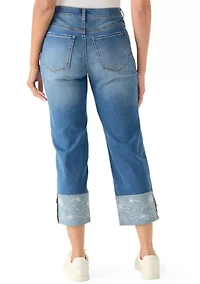 Women's High Rise Cuffed Embroidered Cropped Jeans