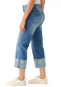 Women's High Rise Cuffed Embroidered Cropped Jeans