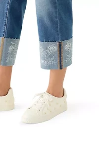 Women's High Rise Cuffed Embroidered Cropped Jeans