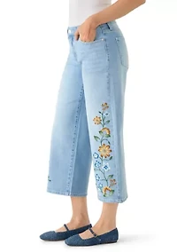 Women's Midrise Wide Leg Embroidered Cropped Pants