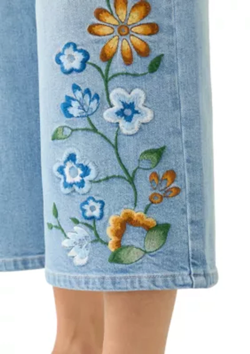 Women's Midrise Wide Leg Embroidered Cropped Pants