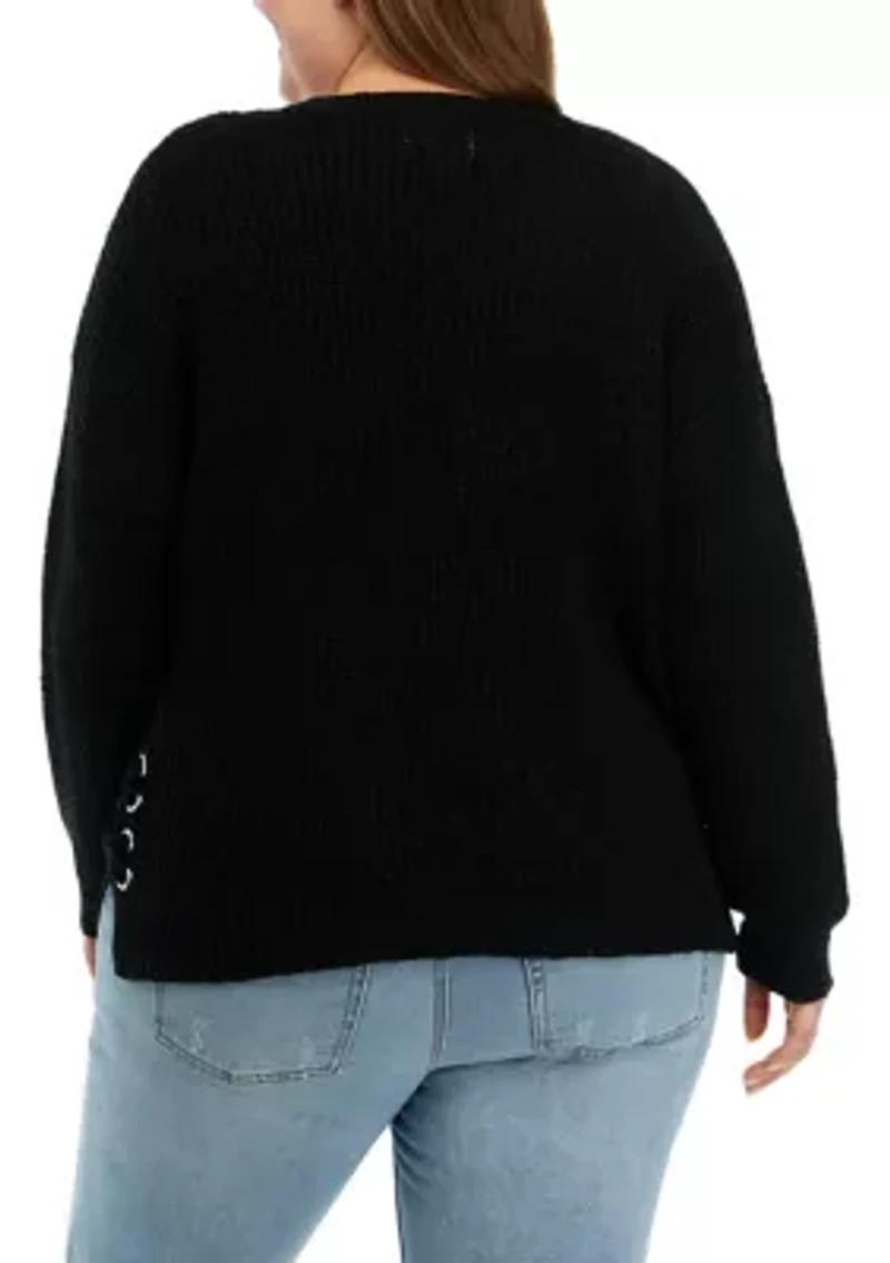 Plus Side Tie Round Neck Sweater