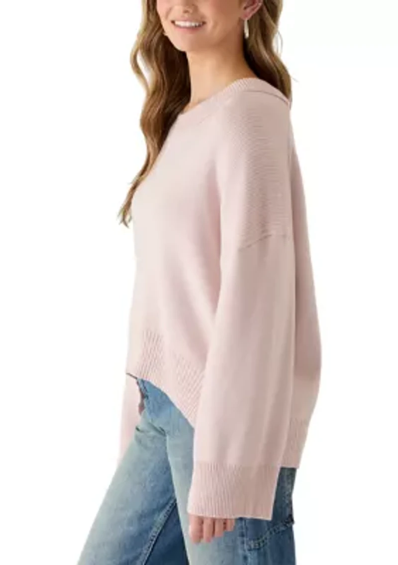 Women's Long Sleeve Crew Neck Oversized Sweater with Ribbed Sides
