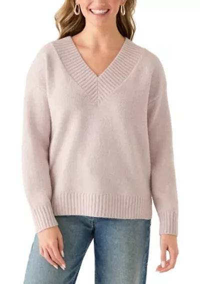 Women's Long Sleeve Drop Shoulder V-Neck Sweater