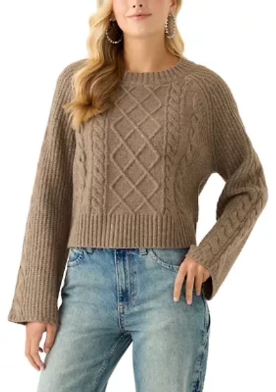 Women's Long Raglan Sleeve Crew Neck Cable Knit Sweater