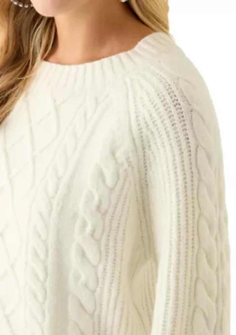 Women's Long Raglan Sleeve Crew Neck Cable Knit Sweater