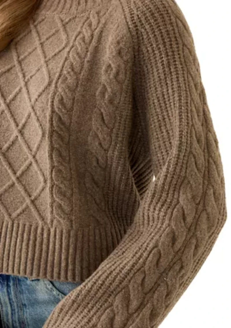 Women's Long Raglan Sleeve Crew Neck Cable Knit Sweater