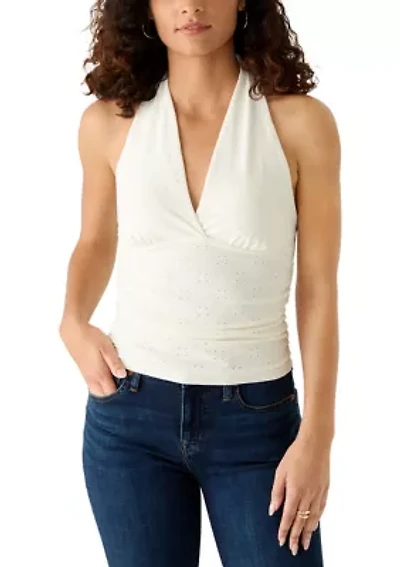 Women's Halter V-Neck Eyelet Ruch Top