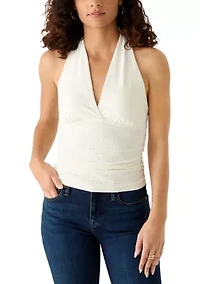Women's Halter V-Neck Eyelet Ruch Top