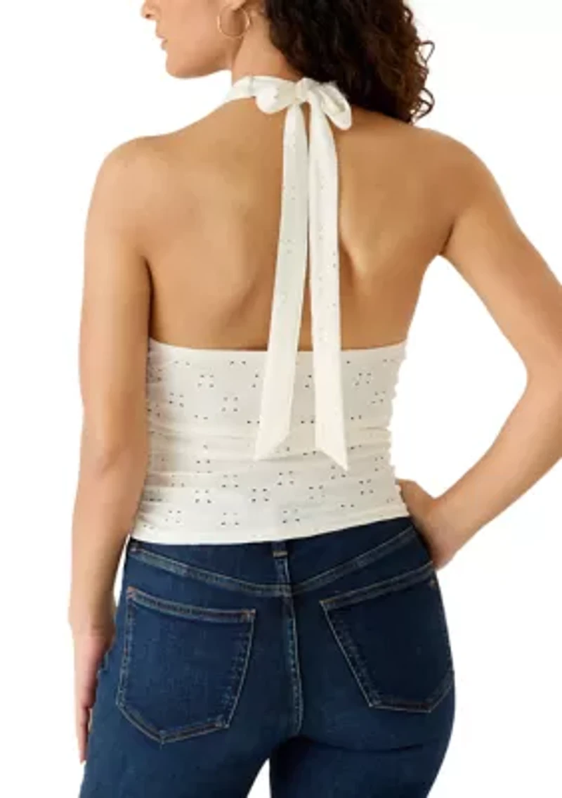 Women's Halter V-Neck Eyelet Ruch Top