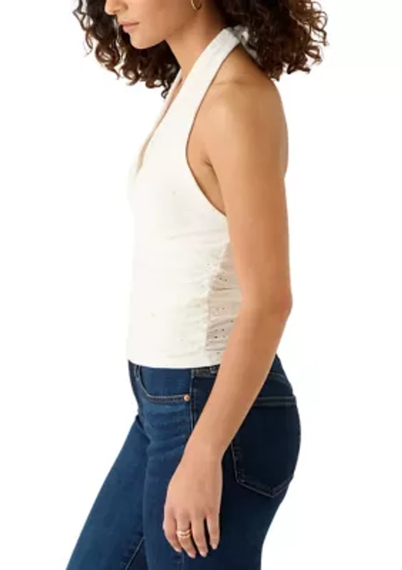 Women's Halter V-Neck Eyelet Ruch Top