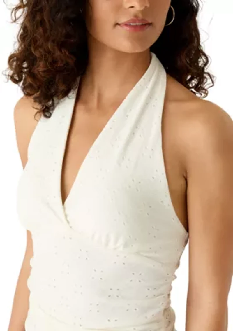 Women's Halter V-Neck Eyelet Ruch Top