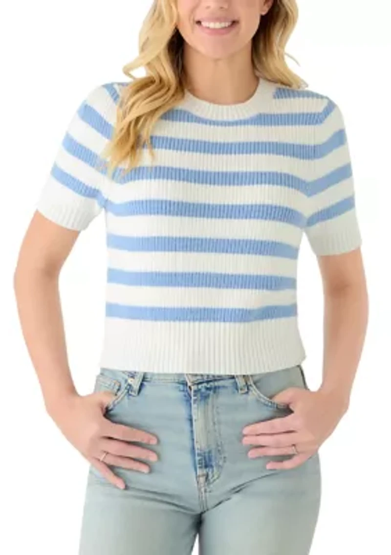 Women's Short Puff Sleeve Striped Crew Neck Sweater