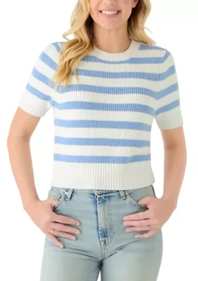 Women's Short Puff Sleeve Striped Crew Neck Sweater