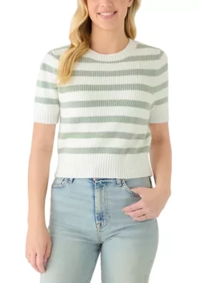 Women's Short Puff Sleeve Striped Crew Neck Sweater