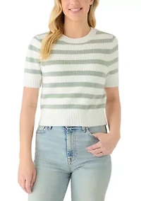 Women's Short Puff Sleeve Striped Crew Neck Sweater
